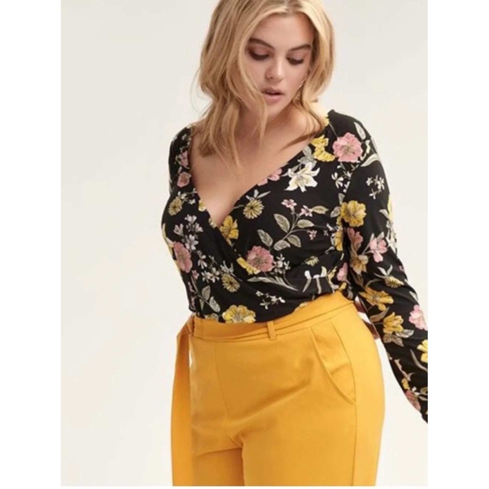 Love & Legend Bodysuit Sz 2X Black Floral Surplice Wrap Long Sleeve Stretch NEW